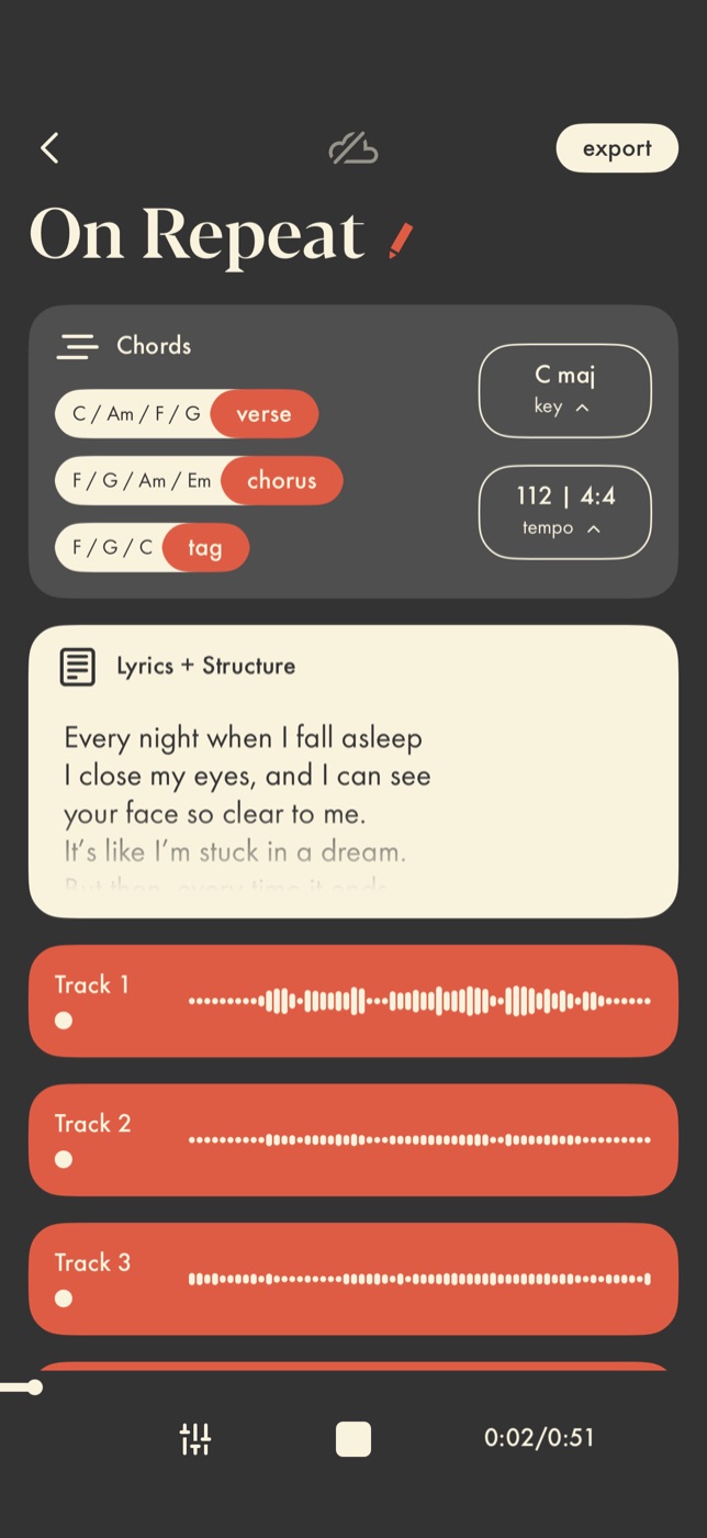 Demo's song editor showing chords as progression loops assigned to sections (C, Am, F, G for the verse), a key and tempo control, and three recorded audio tracks below the lyrics