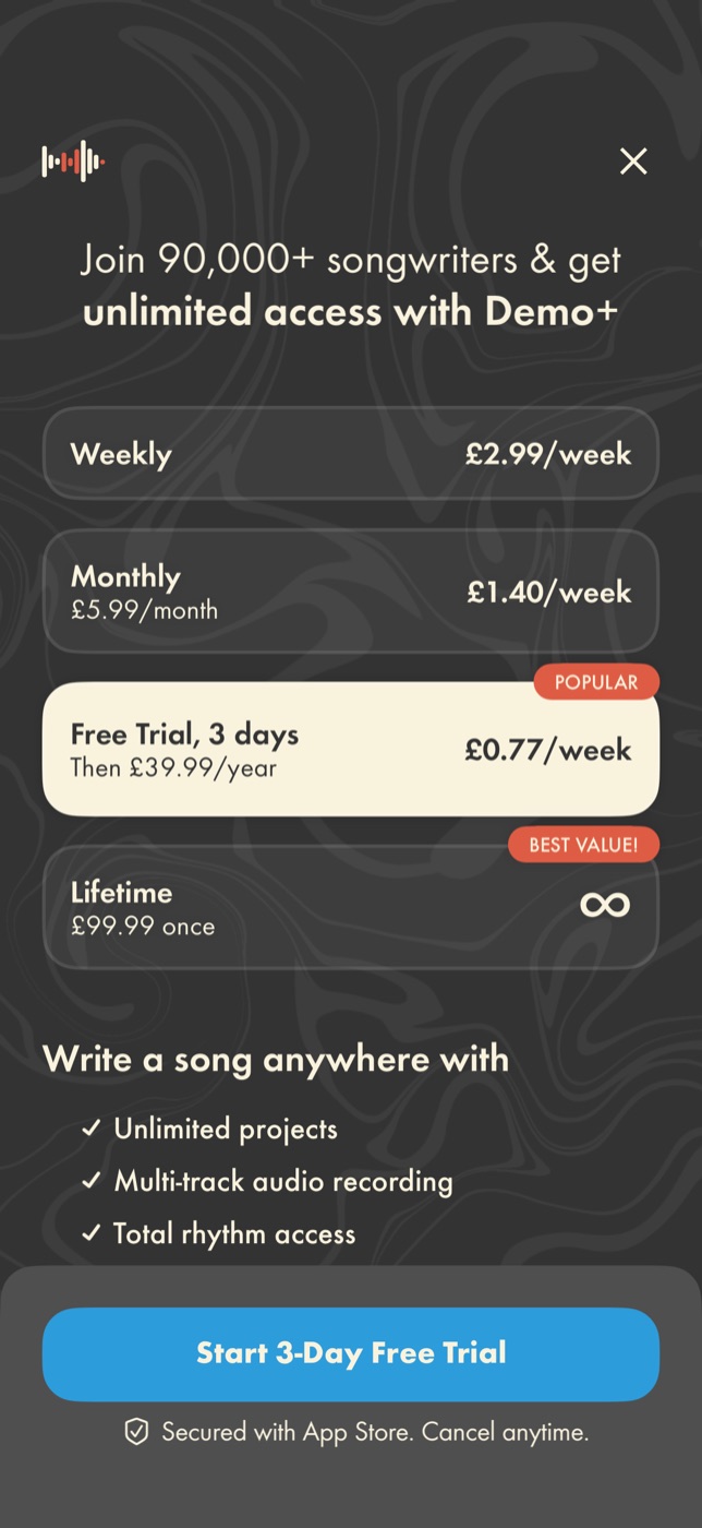 Demo's Demo plus paywall offering weekly, monthly, yearly and lifetime plans, and listing Unlimited projects and multi-track audio recording as paid features