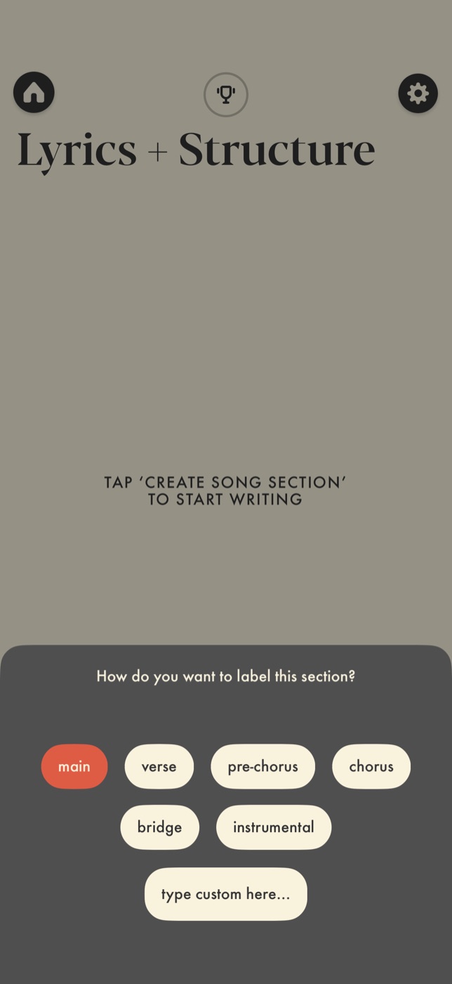 Demo prompting the user to create and label a song section (main, verse, pre-chorus, chorus, bridge, instrumental) before any lyrics can be written