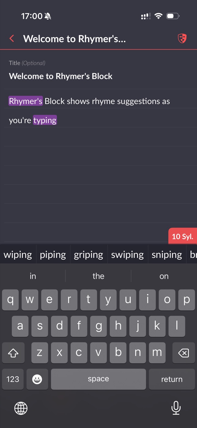 Rhymer's Block incorrectly grouping the word Rhymer's with the word typing as a rhyme