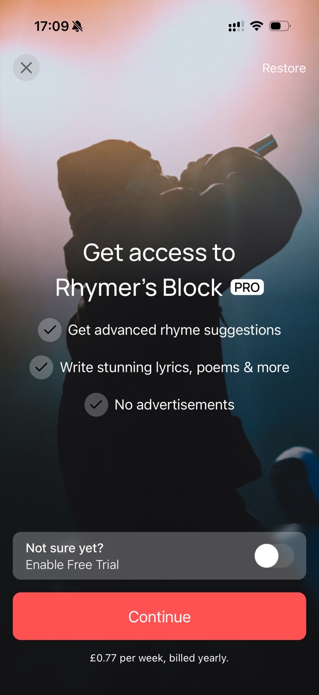 Rhymer's Block paywall screen showing folders listed as a Pro subscription feature