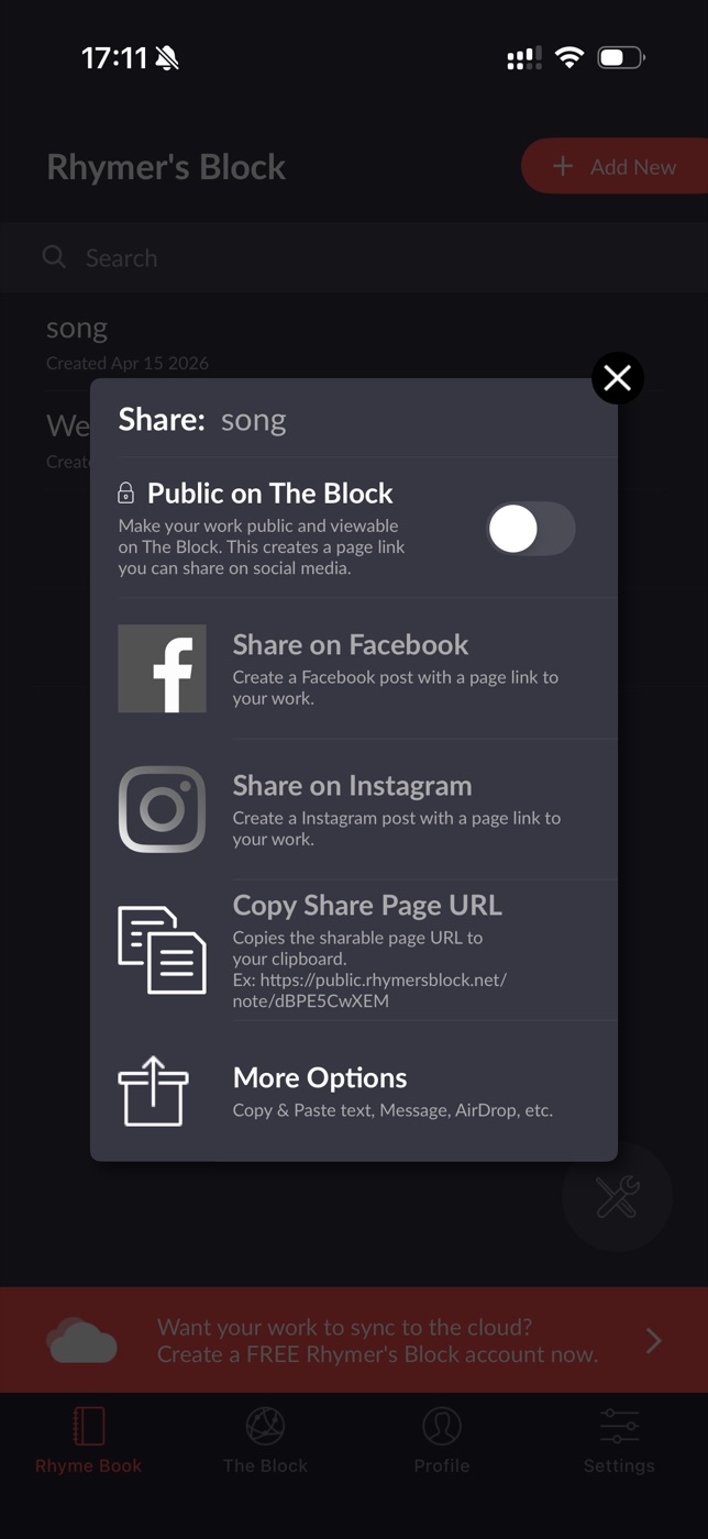 Rhymer's Block prompting the user to share their song to its social network when leaving a song