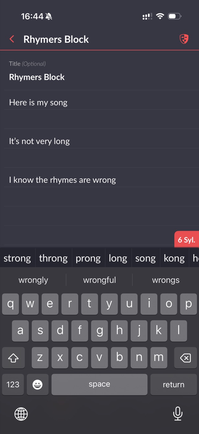 Rhymer's Block suggesting a word in its suggestion bar that it failed to detect as a rhyme in the lyric