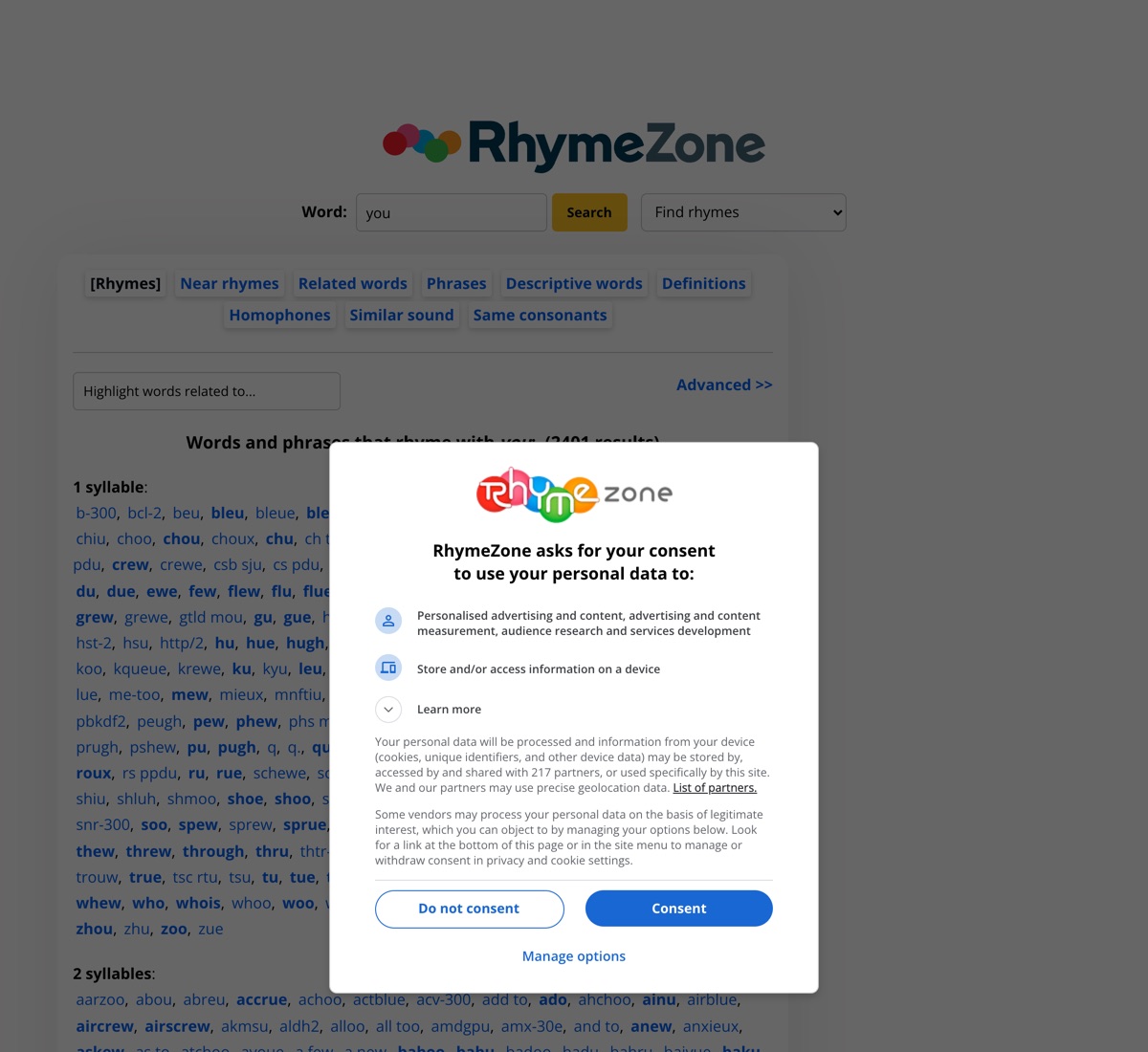 RhymeZone consent dialog asking permission to share personal data with 217 advertising partners, shown over the rhyme results