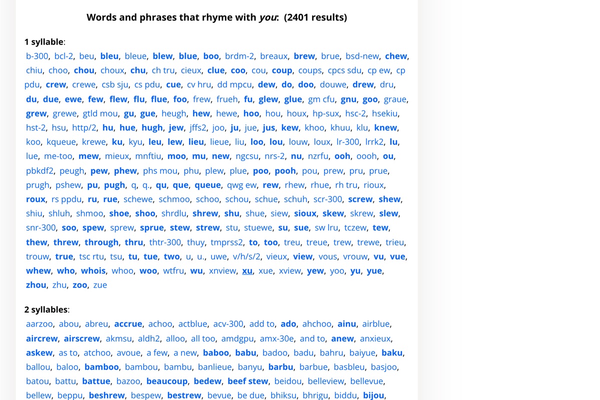 RhymeZone results page for the word you, showing 2,401 rhymes listed alphabetically within each syllable count, with technical strings such as http/2, kqueue, pbkdf2 and snr-300 mixed in among ordinary words