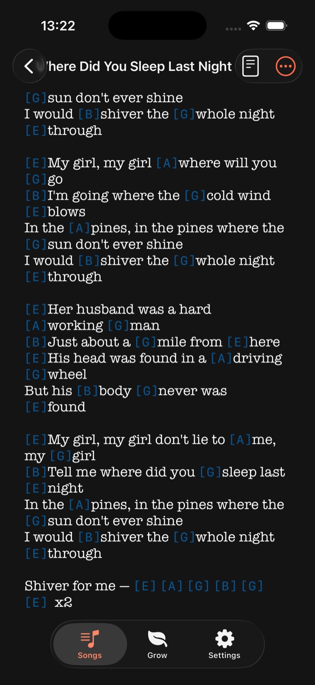 Songwriter Studio editor showing a lyric with chords typed inline above the words, such as G, B and E over the verse