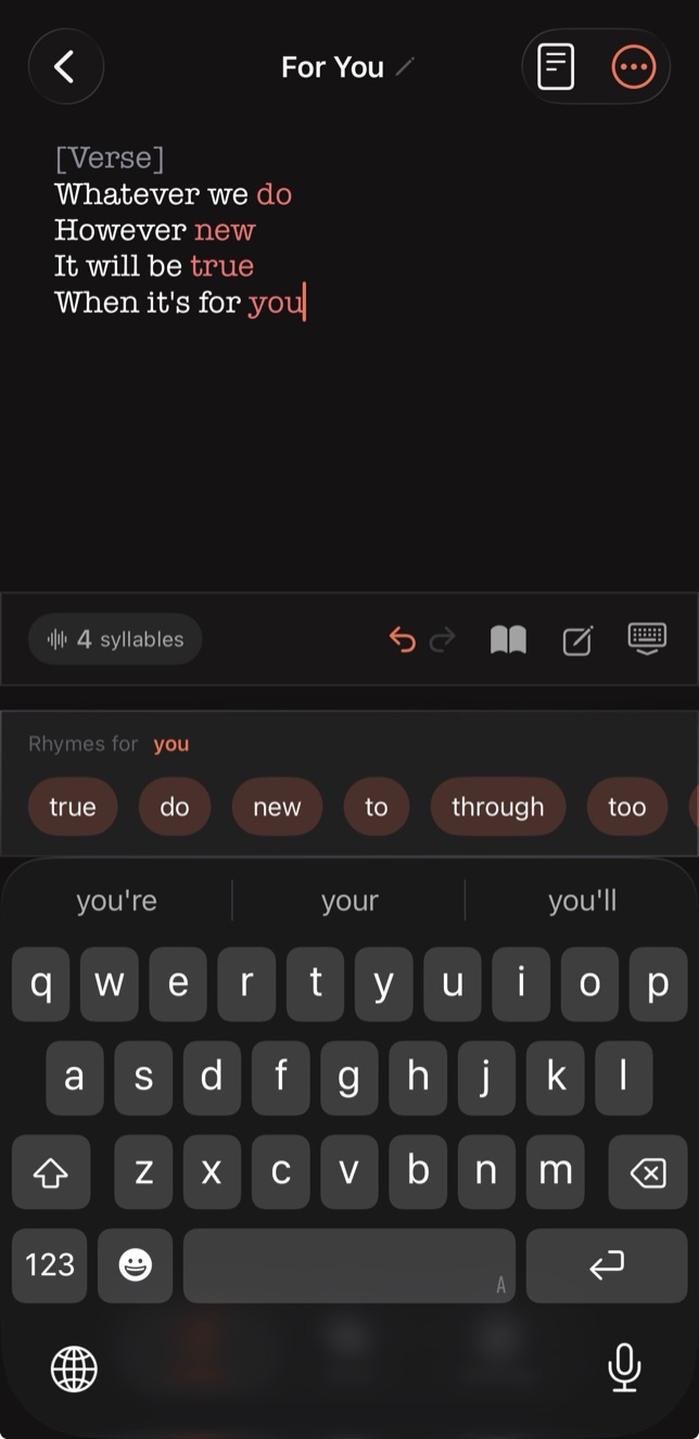 Songwriter Studio editor showing a short verse with the rhyming words do, new, true and you highlighted in one color, a four-syllable count, and a Rhymes for you suggestion bar above the keyboard