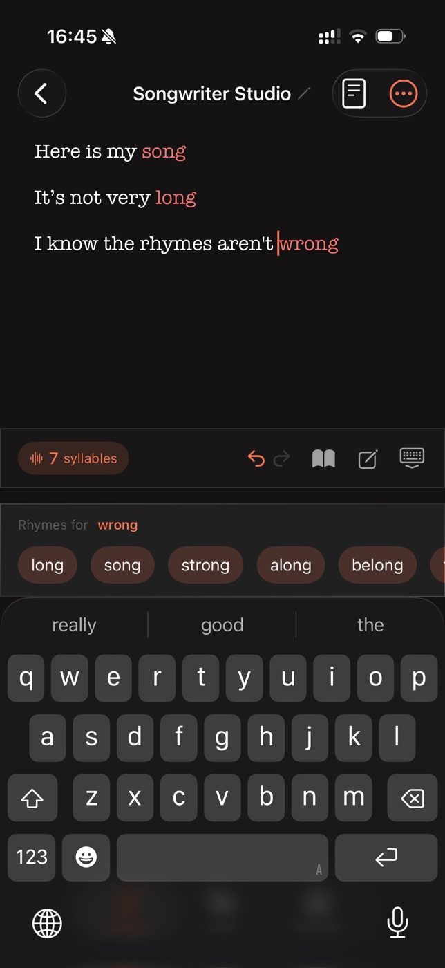 Songwriter Studio screen showing the same two lines highlighted as a color-matched rhyme