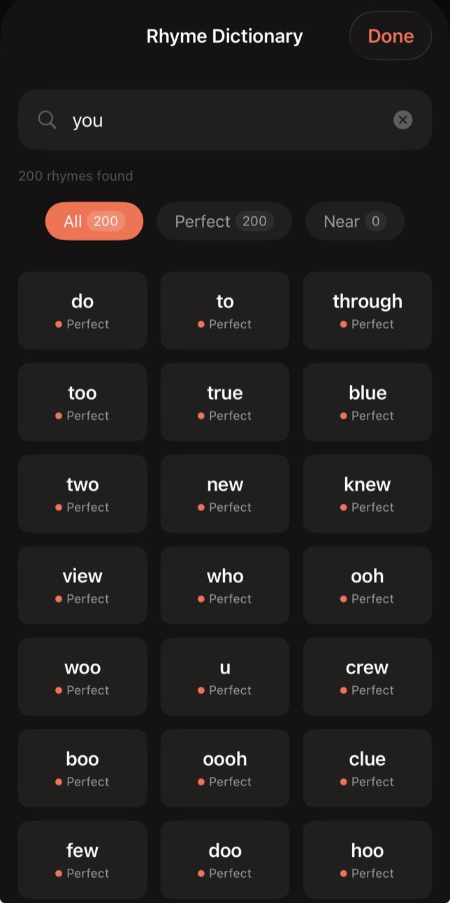 Songwriter Studio's Rhyme Dictionary showing 200 ranked rhymes for the word you, with do, to, through, true, blue, new and who as the first cards and no technical junk