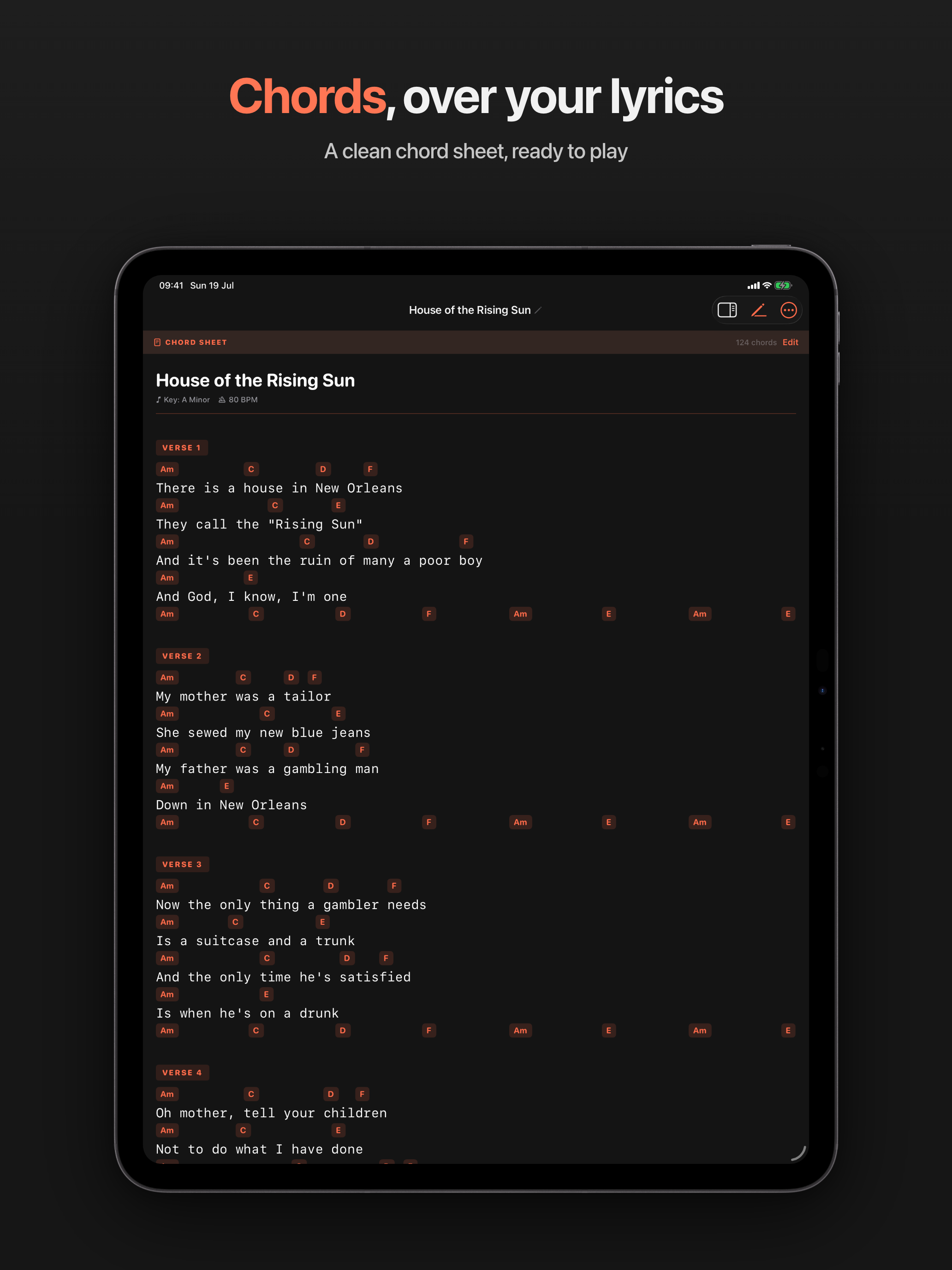 Chord Sheet mode, with chords laid out above the lyric