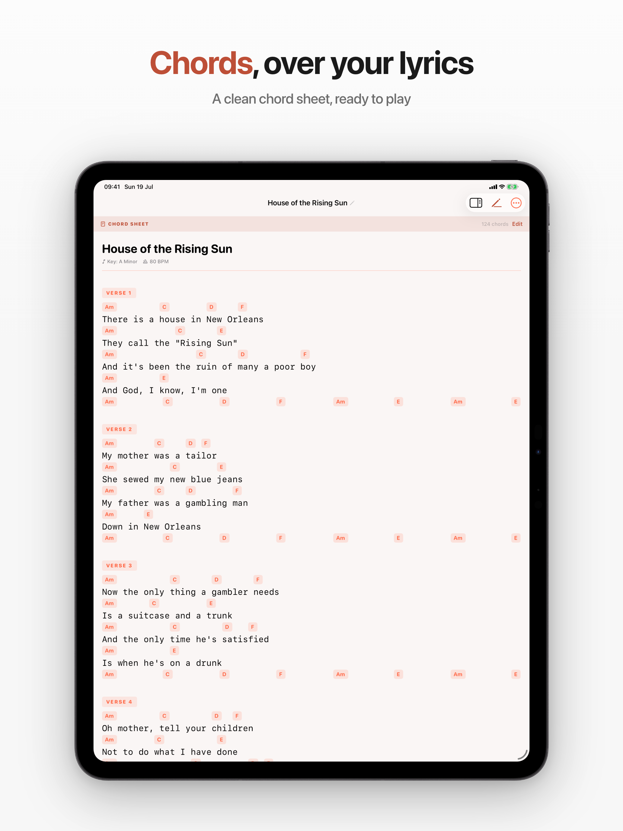 Chord Sheet mode, with chords laid out above the lyric
