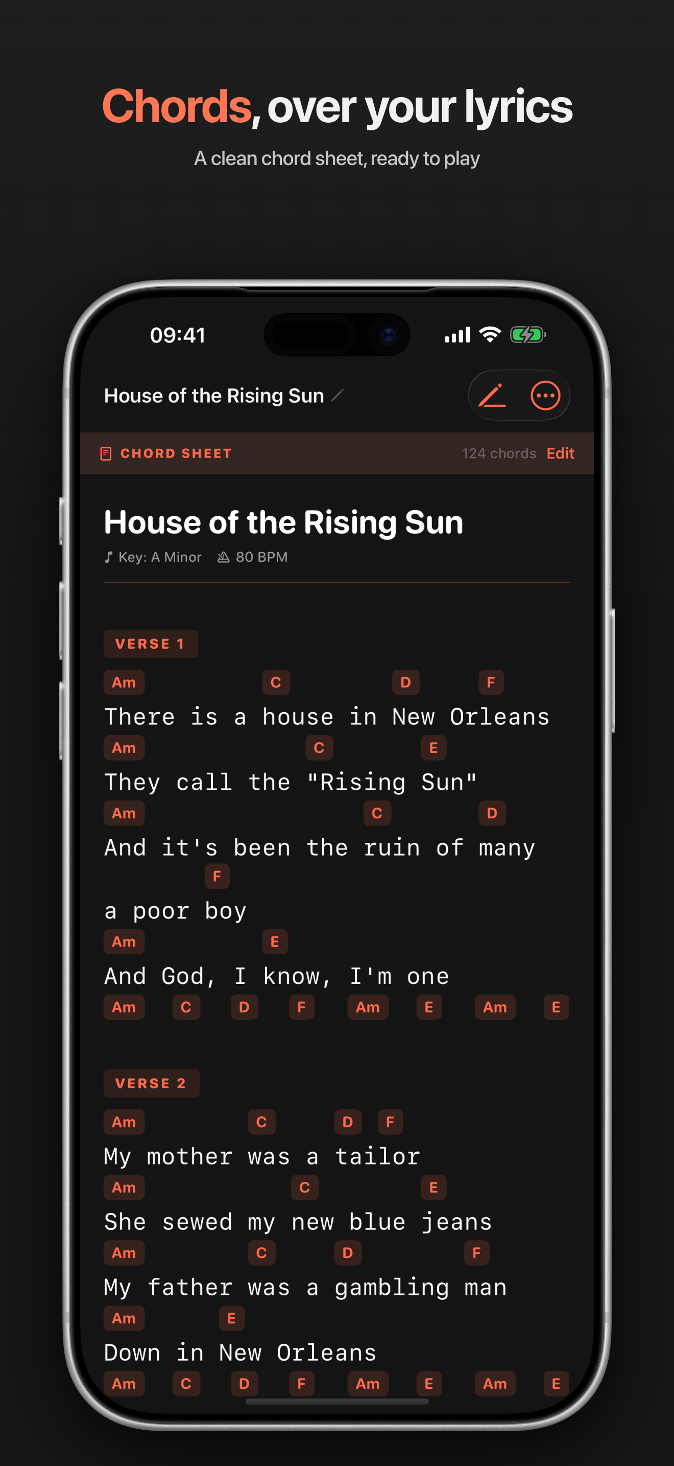 Chord Sheet mode, with chords laid out above the lyric