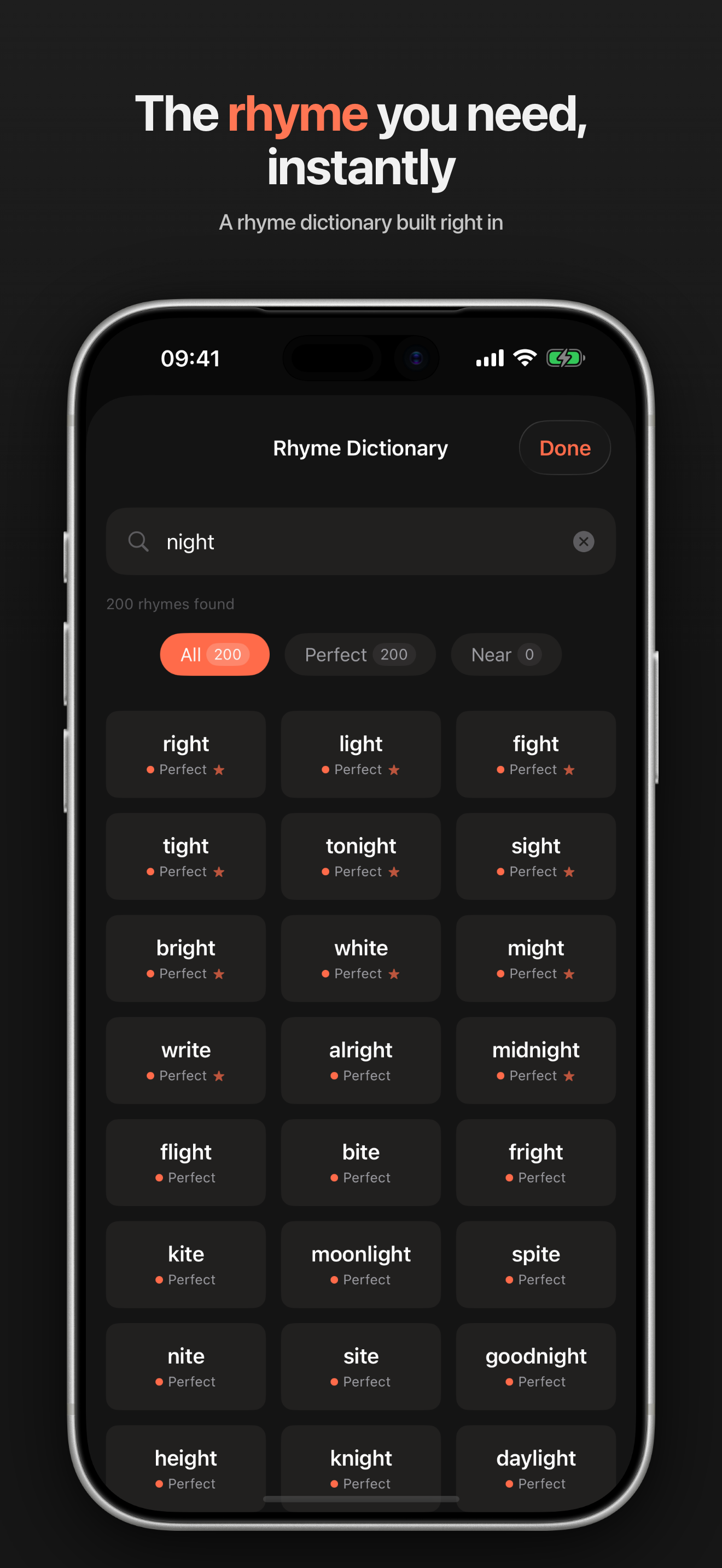 Rhyme suggestions for a selected word