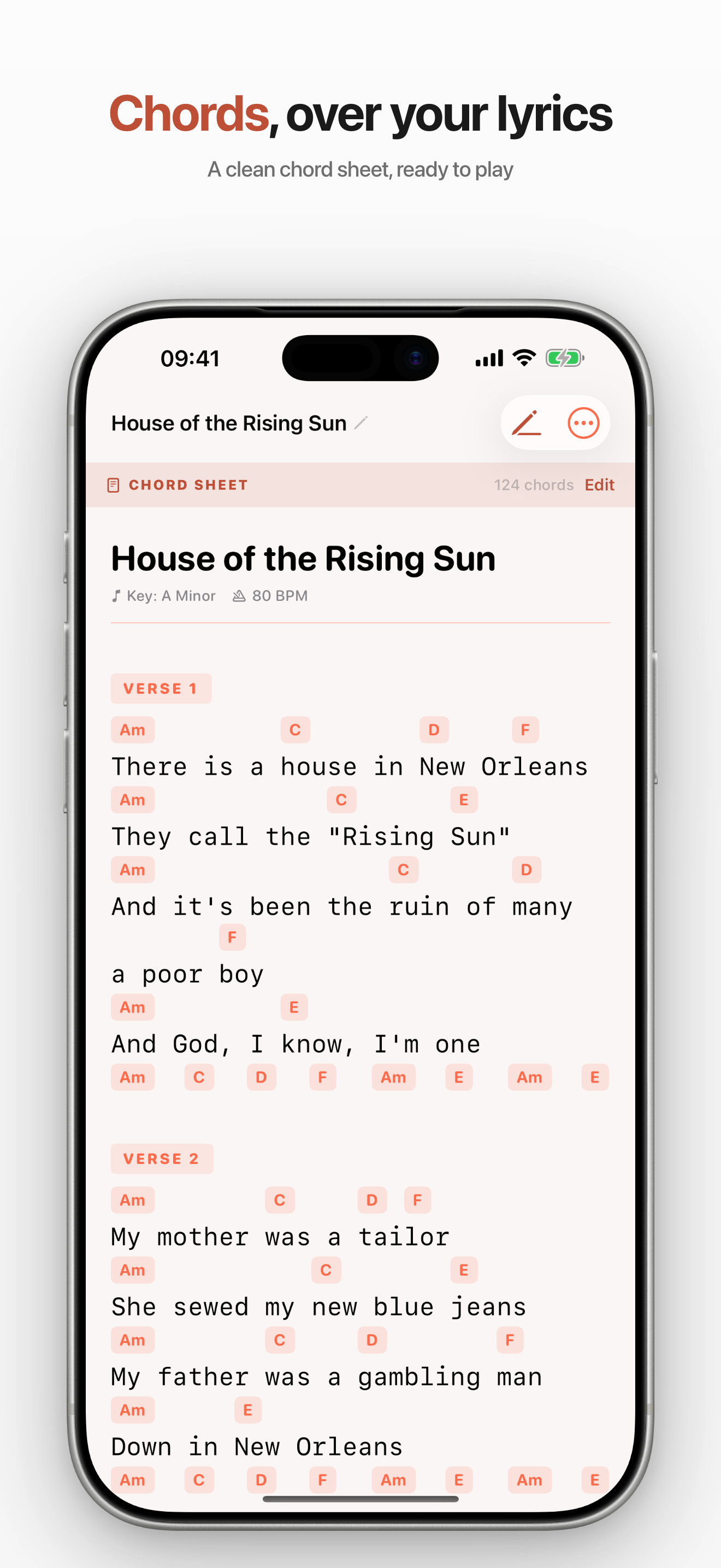 Chord Sheet mode, with chords laid out above the lyric