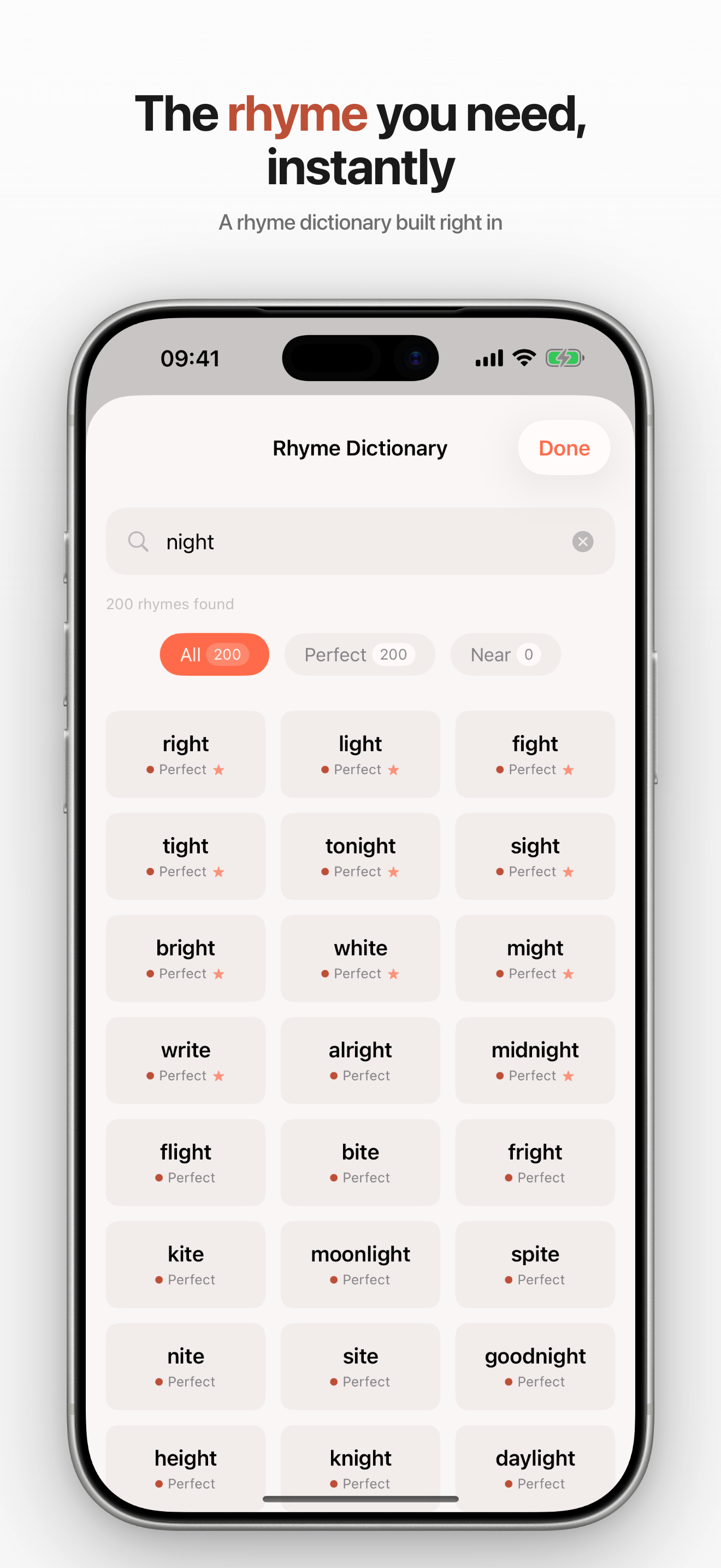 Rhyme suggestions for a selected word