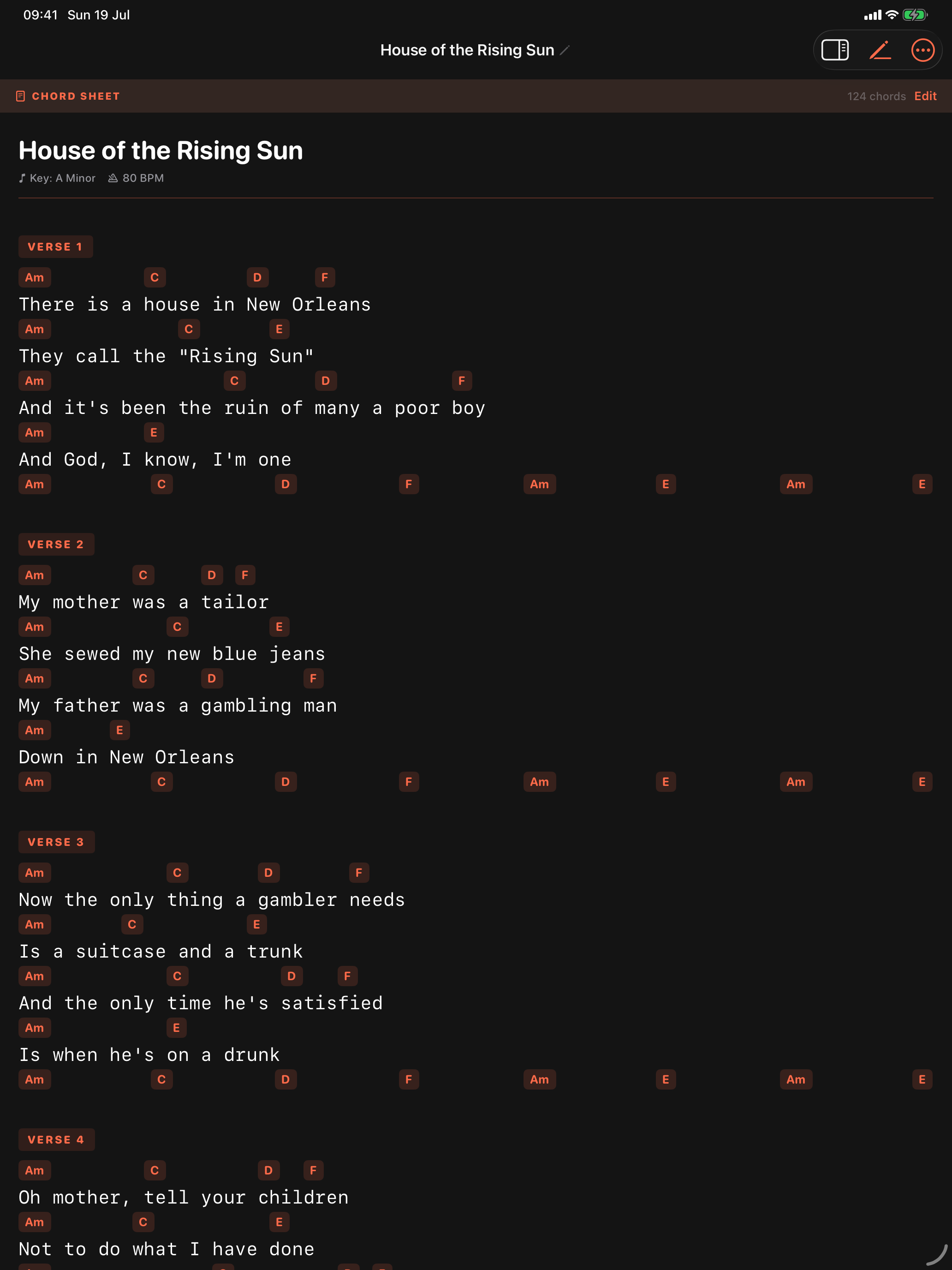 Chord Sheet mode, with chords laid out above the lyric