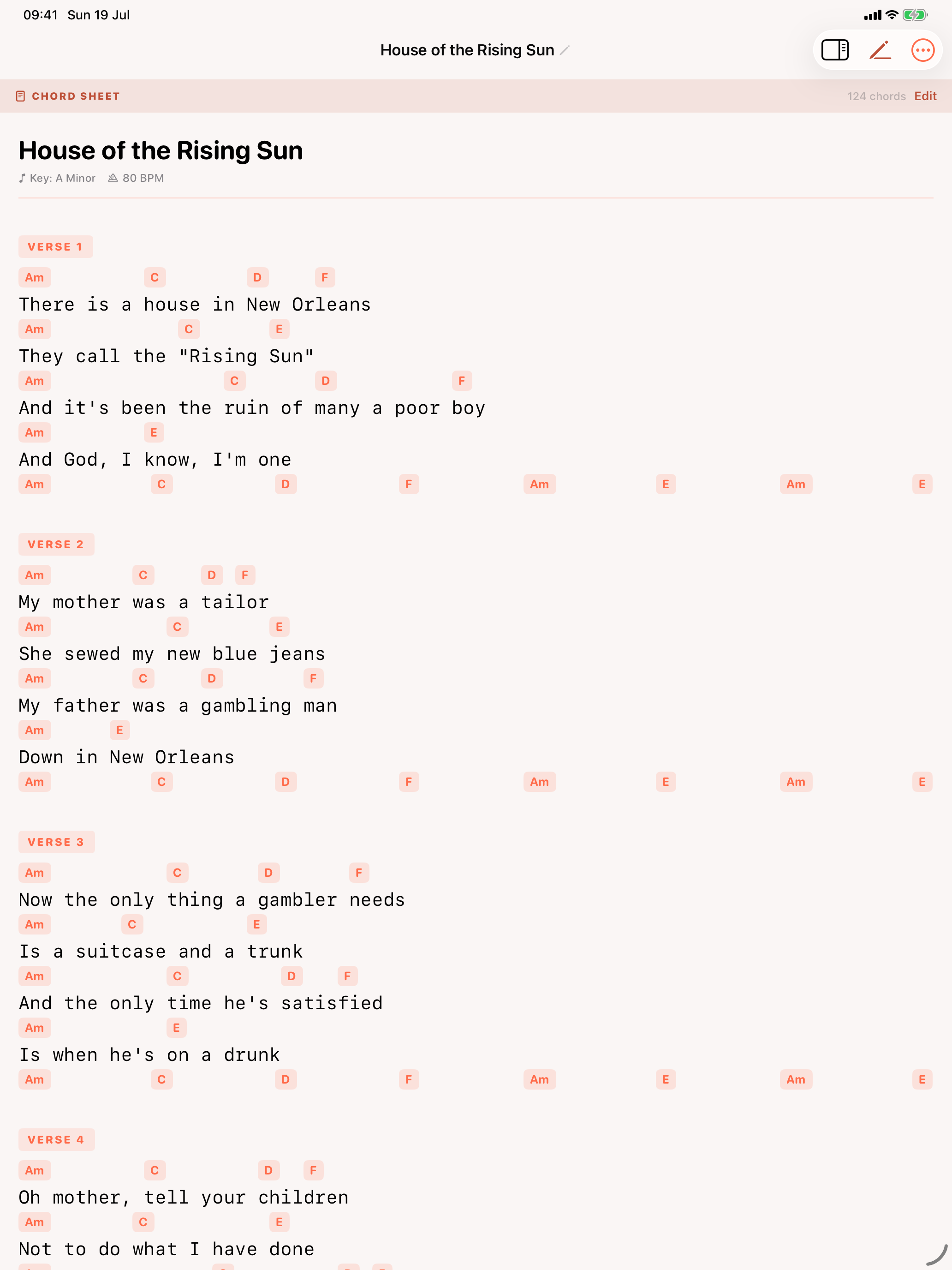 Chord Sheet mode, with chords laid out above the lyric