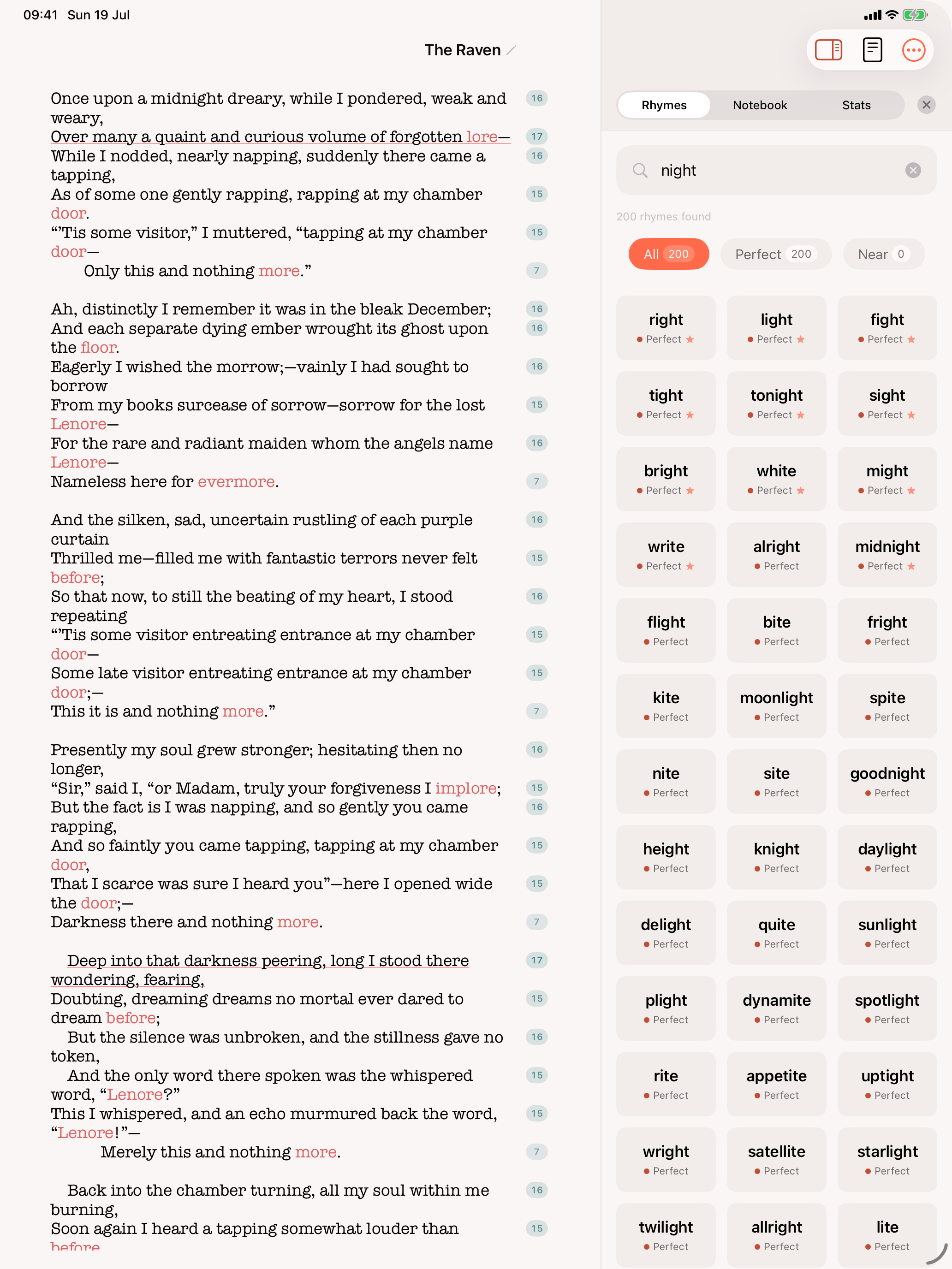 Rhyme suggestions for a selected word