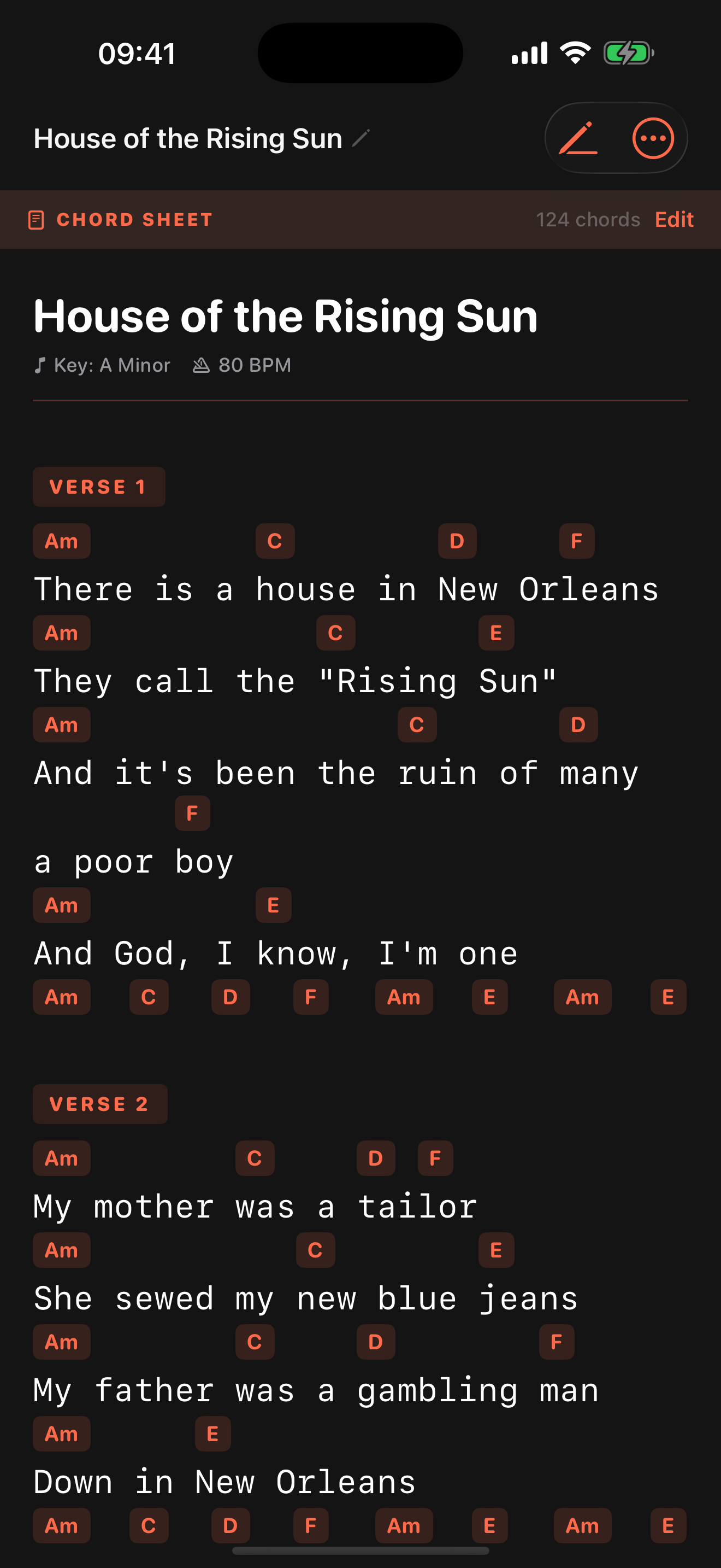 Chord Sheet mode, with chords laid out above the lyric