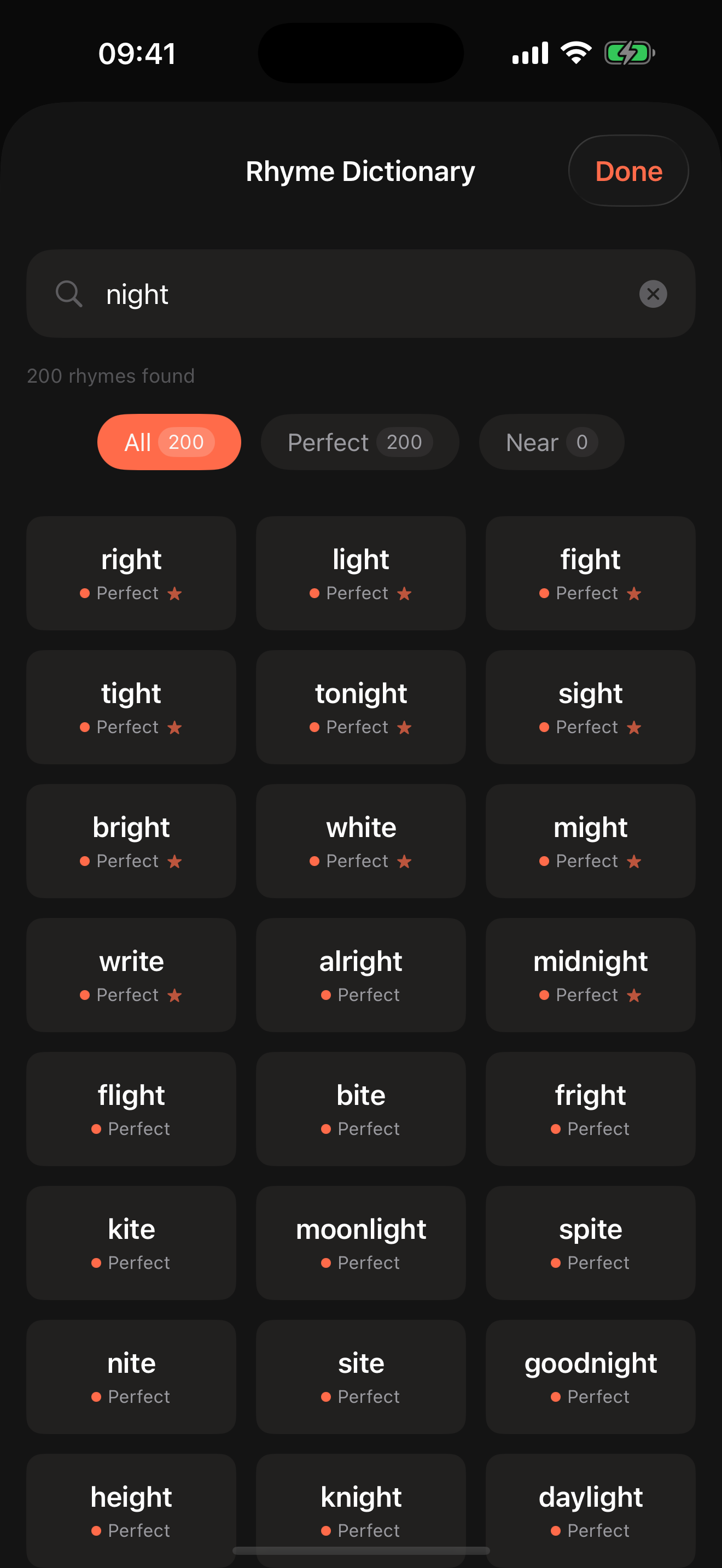 Rhyme suggestions for a selected word