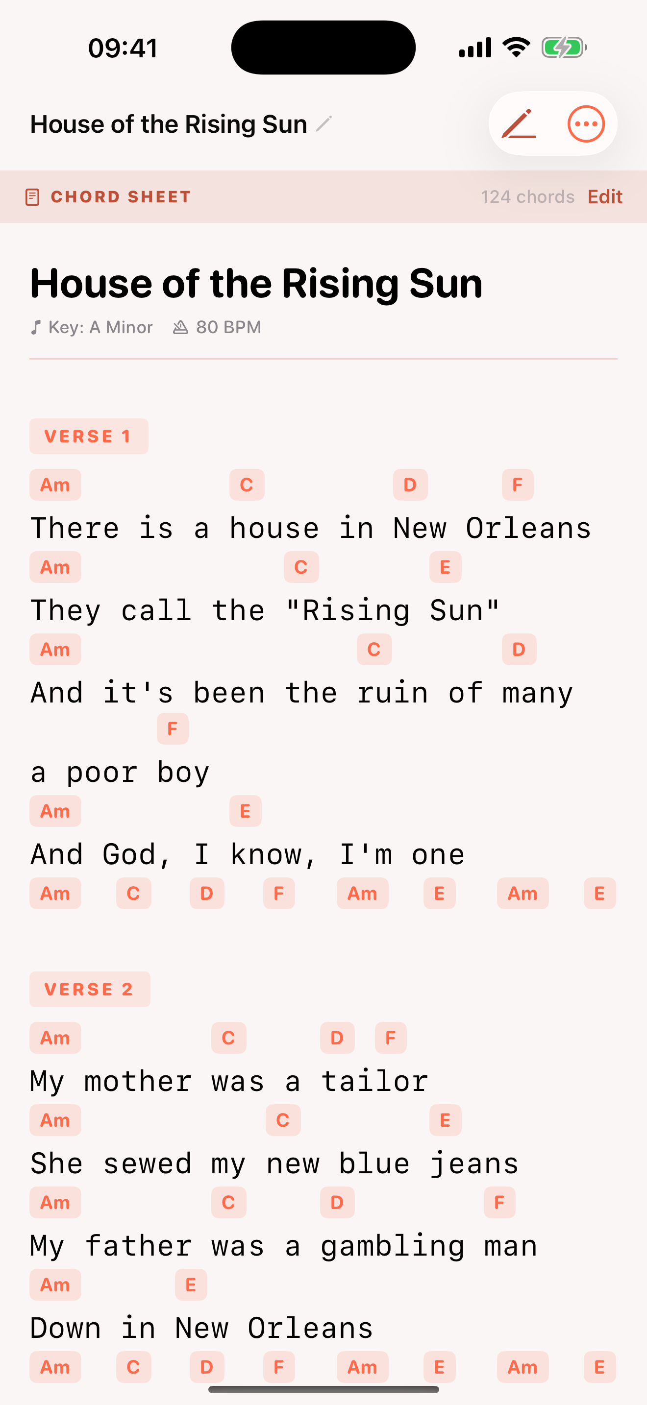Chord Sheet mode, with chords laid out above the lyric