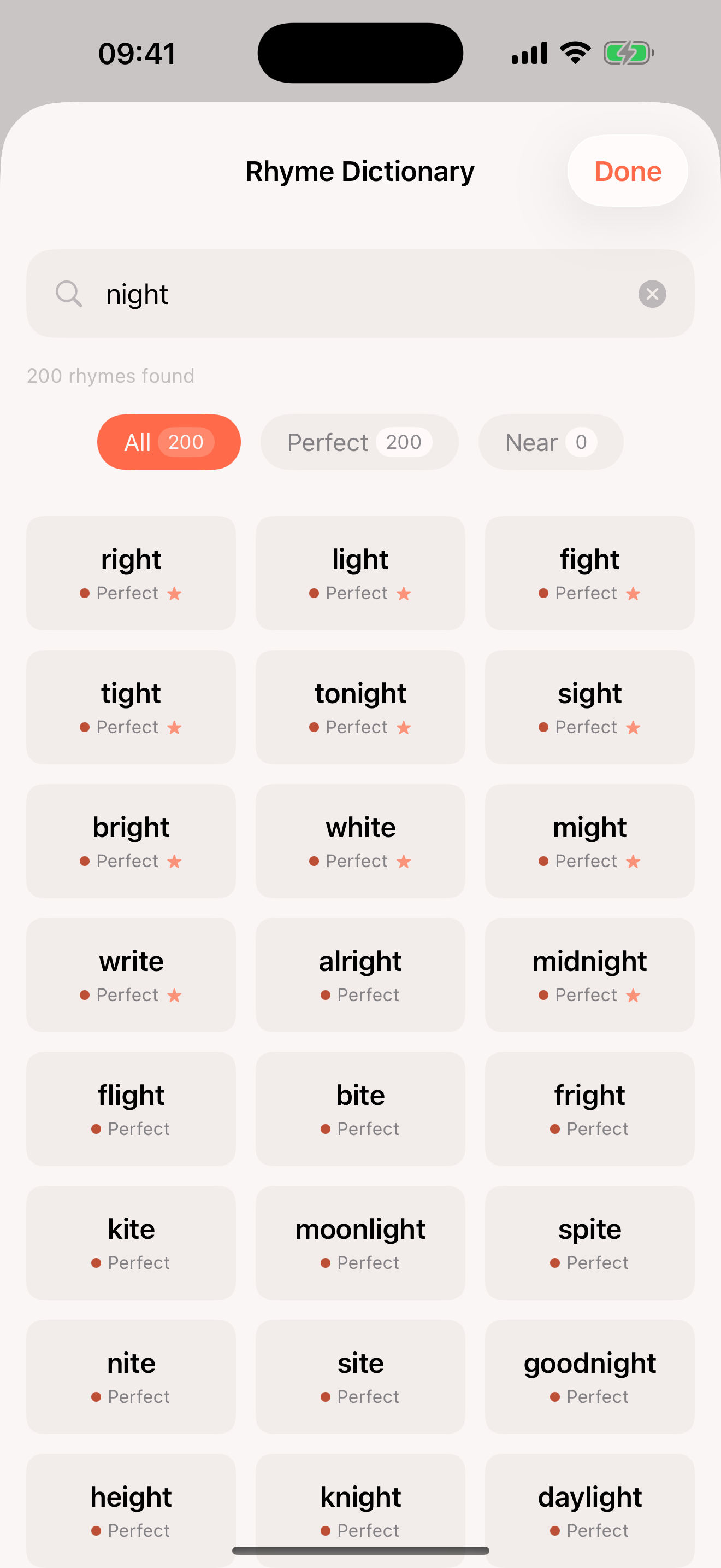 Rhyme suggestions for a selected word